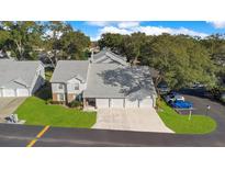 Aerial view of townhome showing three-car garage, lawn, and mature trees at 2033 Eastbourne Way # 3, Orlando, FL 32812