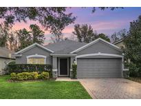 Gray house with a two-car garage, well-manicured lawn, and landscaping at 5813 Great Egret Dr, Sanford, FL 32773