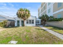 Cozy home exterior with a well-maintained lawn, mature palm trees, and a stone pathway to the entryway at 718 N Grandview Ave, Daytona Beach, FL 32118