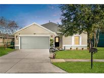 Charming single-story home features a manicured lawn, two car garage, and covered entry at 164 Pergola Pl, Ormond Beach, FL 32174