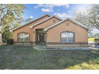 Tan one-story house with brown accents, a brown door, and a nicely landscaped lawn at 36516 Clara St, Eustis, FL 32736