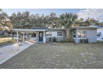 Gray house with carport, palm trees, and well-maintained lawn at 613 Ross St, Leesburg, FL 34748