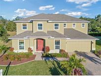 Two-story house with a red door, landscaping, and a paved driveway at 11113 Scenic Vista Dr, Clermont, FL 34711