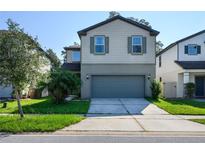 Two-story house with gray siding, gray garage door, and landscaping at 2775 Red Horse Dr, Kissimmee, FL 34744