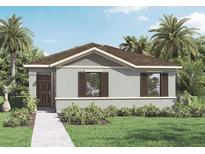 Single-story home with a gray exterior, brown door, and landscaped lawn at 5855 Galloping Dr, Apopka, FL 32712