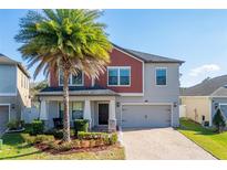 Two-story house with red and gray siding, a palm tree, and a brick driveway at 12273 Great Commission Way, Orlando, FL 32832