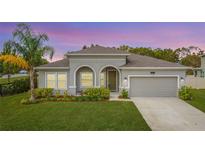 Single-story house with gray siding, arched entryway, and two-car garage at 1870 Dumbleton Pl, St Cloud, FL 34771