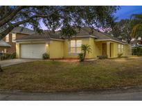 Charming single-story home with a well-manicured lawn, attached garage, and inviting front entrance at 1685 Waterview Loop, Haines City, FL 33844
