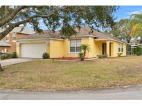 Single-story house with a yellow exterior, attached garage, and landscaped lawn at 1685 Waterview Loop, Haines City, FL 33844