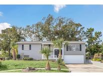 Gray house with white garage door, landscaping, and palm trees at 4862 Indialantic Dr, Orlando, FL 32808