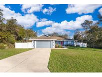 Cute blue house with a gray garage and a spacious lawn at 4089 Sw 133Rd Loop, Ocala, FL 34473