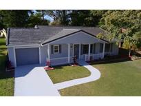 Newly renovated single-story home with gray exterior, landscaping, and a paved driveway at 10118 Allenby Ct, Orlando, FL 32821