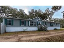Gray manufactured home with white skirting, wooden steps, and a long driveway at 13811 County Road 109D, Lady Lake, FL 32159