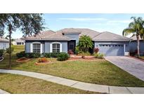 Single-story home with tile roof, landscaping, and a two-car garage at 2641 Meadow View Ct, Kissimmee, FL 34746