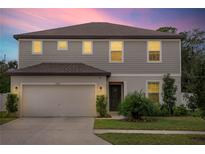 Two-story home showcasing gray siding, a two-car garage, and well-maintained landscaping at 1042 Michelangelo Ln, Winter Haven, FL 33884