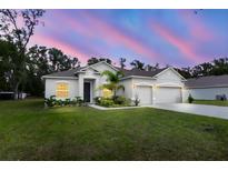 Two-story house with a three-car garage, manicured lawn, and a beautiful sunset at 606 Urick St, Fruitland Park, FL 34731