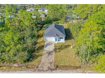 New home aerial view showcasing the property, landscaping, and surrounding trees at 1370 East Pkwy, Deland, FL 32724