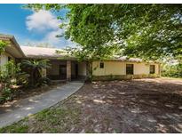 A single-story home featuring a front yard, walkway and trees, offers curb appeal and a welcoming entrance at 585 Gasline Rd, Deland, FL 32724