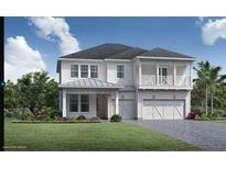 Two-story coastal cottage style home with white siding, gray roof, and a two-car garage at 6232 Trailblaze Bnd, St Cloud, FL 34771