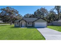 Newly constructed home with a green exterior, gray roof, and a paved driveway at 6455 Hemlock Rd, Ocala, FL 34472