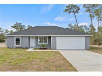 Newly constructed home with gray siding, attached garage, and well-manicured lawn at 4386 Sw 169Th Lane Rd, Ocala, FL 34473