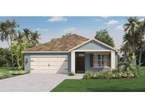 One-story home with light blue siding, white garage door, and landscaping at 5489 Hayloft Dr, Apopka, FL 32712