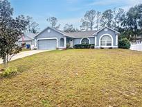 Gray house with a large yard, driveway, and two-car garage at 15824 Marsh Elder St, Clermont, FL 34711