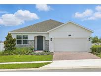 Inviting single-story home with a well-manicured lawn and a two-car garage showcasing a blend of modern architecture at 27469 Black Kite Ave, Howey In The Hills, FL 34737