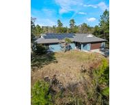 Charming single-story home featuring solar panels, a two-car garage, and an inviting front entrance at 3290 Red Fox Dr, Deltona, FL 32725