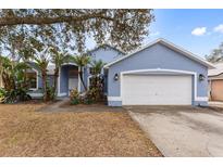 Light blue house with white garage door and landscaping at 148 Imperial Oak Ct, Davenport, FL 33896