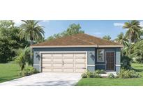 One-story home with light blue siding, beige garage door, and landscaping at 3588 Fort Mellon, Sanford, FL 32773