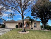 Tan one-story house with a two-car garage and landscaped yard at 14101 Vista Del Lago Blvd, Clermont, FL 34711