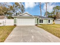 Newly constructed light green house with a white garage door and driveway at 10 Cedar Tree Dr, Ocala, FL 34472