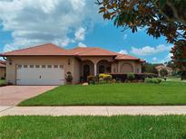 Single-story home with tile roof, landscaping, and a two-car garage at 10215 Yonaomi Cir, Clermont, FL 34711