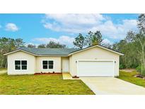 New construction home with a white garage door and landscaping at 431 Rainbow Ct, Kissimmee, FL 34759