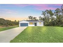 Charming single-story home boasts a well-manicured lawn, attached garage, and a freshly painted exterior at 14 Fisher Loop Pass, Ocklawaha, FL 32179
