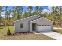 Charming single-story home featuring a gray facade, attached garage, and a well-manicured lawn at 7542 Sw 128 Terrace Rd, Dunnellon, FL 34432
