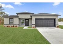 One-story home with gray siding, dark garage door, and landscaped lawn at 13680 Sw 40Th Avenue Rd, Ocala, FL 34473