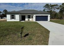 Charming single-story home with a well-manicured lawn, inviting curb appeal, and a dark blue garage door at 15122 Sw 61St Court Rd, Ocala, FL 34473