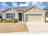 Tan house with gray roof, landscaping, and two-car garage at 2860 Ne 42Nd Rd, Ocala, FL 34470
