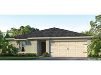 One-story home with light green exterior, two-car garage, and landscaping at 1607 Tench Ct, Kissimmee, FL 34759