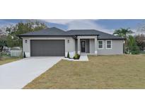 Newly constructed one-story home with gray exterior, attached garage, and landscaped front yard at 27 Palmetto Dr, Debary, FL 32713