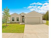 Tan house with two-car garage, landscaping, and a driveway at 6113 Chorus Dr, Mascotte, FL 34753