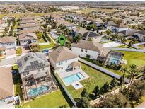 Aerial view of the house, pool, and neighborhood at 15233 Night Heron Dr, Winter Garden, FL 34787