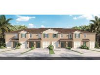 Three-unit townhouse building with attached garages and landscaping at 1541 Isleta Loop, Kissimmee, FL 34741
