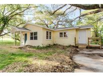 Quaint yellow single story home with mature trees and a covered entry at 1032 W 2Nd St, Sanford, FL 32771