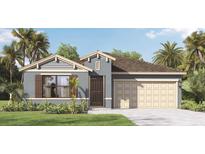 One-story home with gray siding, brown door, and beige garage at 1273 Limbali St, Mount Dora, FL 32757