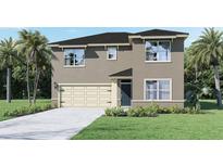 Two-story house with a neutral color scheme, two-car garage, and landscaping at 1277 Limbali St, Mount Dora, FL 32757