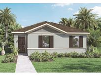 One-story home with brown front door and gray exterior, landscaped lawn at 5626 Paddock Fence Ln, Apopka, FL 32712