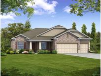 One-story home with stone and shingle accents, three-car garage, and landscaped lawn at Tbd Palm Ave, Leesburg, FL 34748